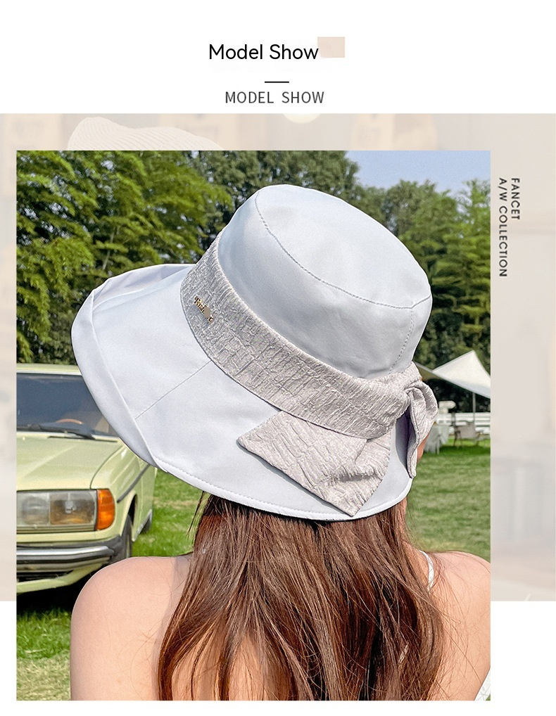 2024 printemps/été nouvelle mode décontracté polyvalent femmes tissu chapeau coréen pêcheur chapeau arc parasol chapeau crème solaire respirant bassin chapeau_voghion.com
