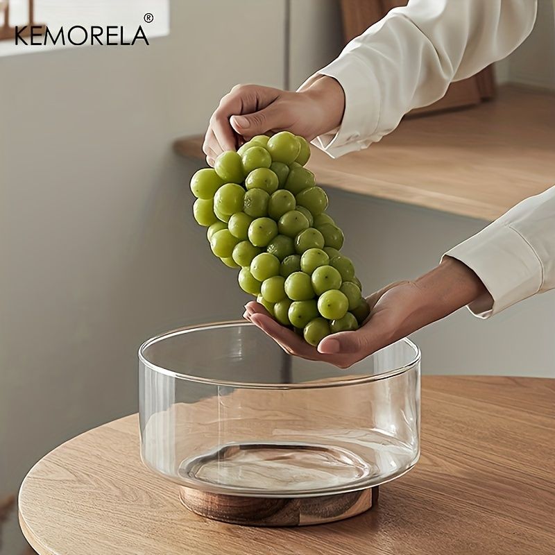 Glass Fruit Bowl Creative Large Salad Bowl Wood Base Snacks Popcorn Nuts Storage Bowls Home Christmas Snack Storage Container_voghion.com