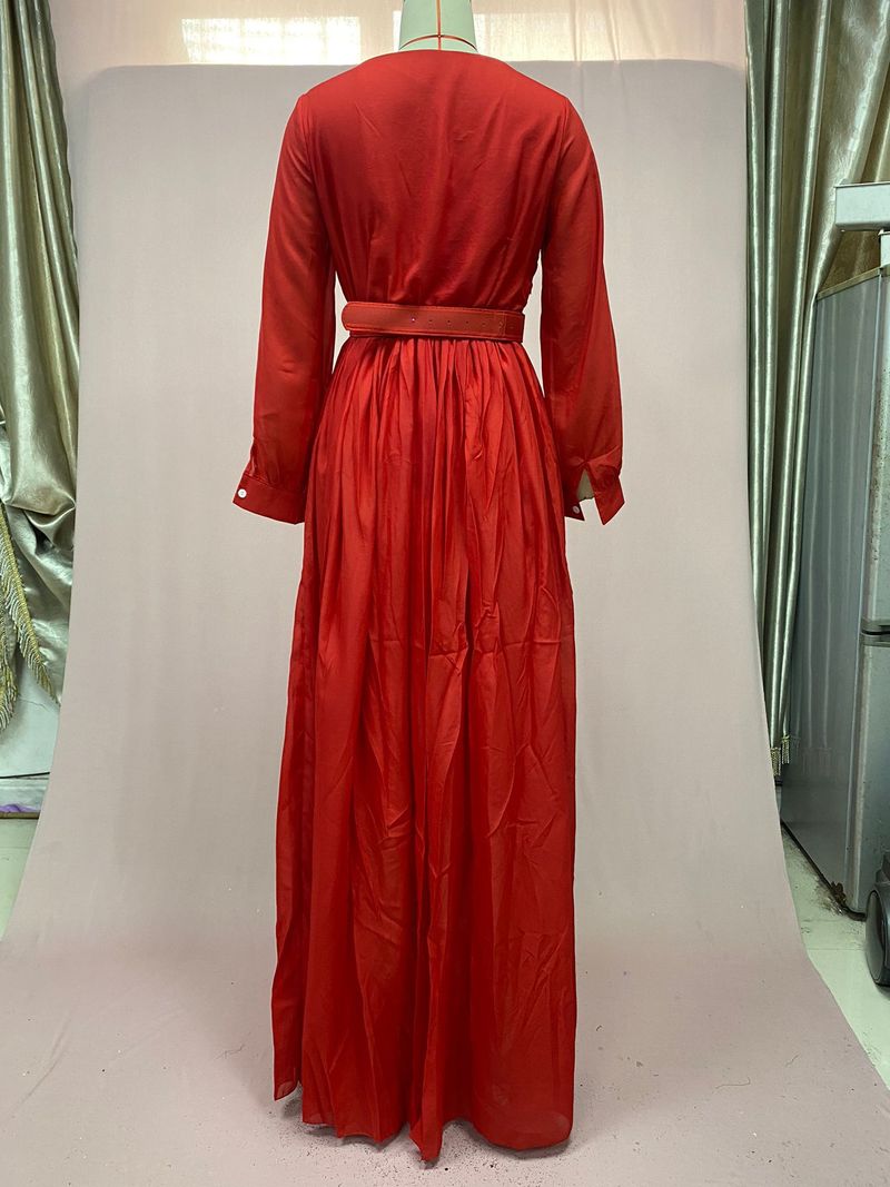 Vêtements pour femmes jaune taille haute slim couleur unie tempérament rétro mousseline de soie à manches longues robe longue_voghion.com