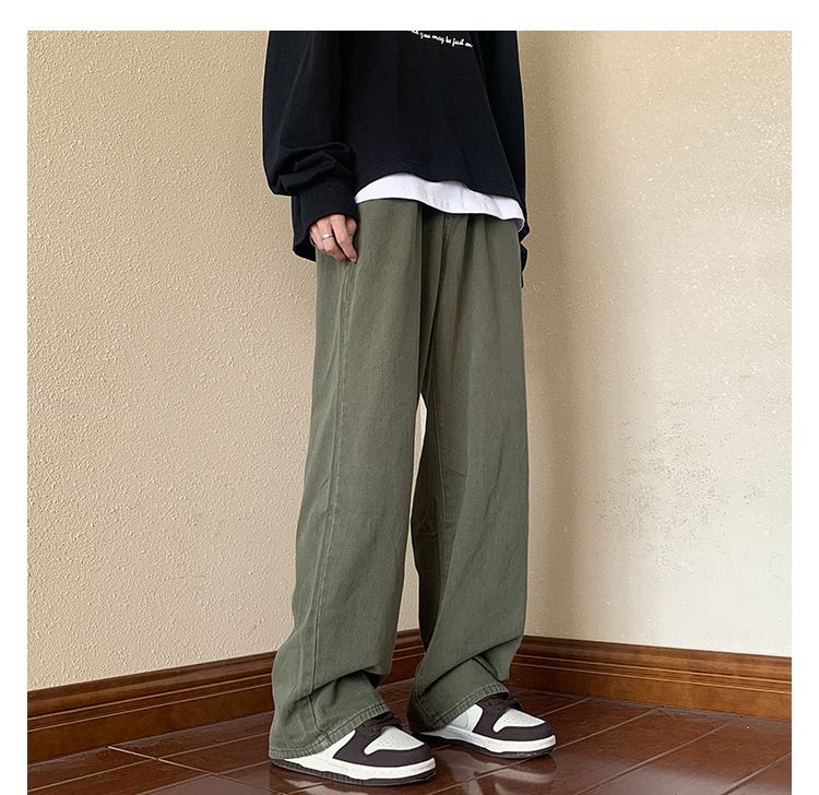 Hosen-Look Schlanke, übergroße Jeans in Militärgrün, gerade, lockere Hose mit weitem Bein für Herren im American High Street-Stil_voghion.com