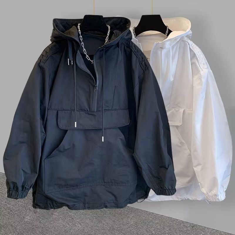 Patchwork tasarımlı cepli iş kıyafeti, kapüşonlu güneş koruma ceketi, erkek moda bol ceket, kapüşonlu_voghion.com