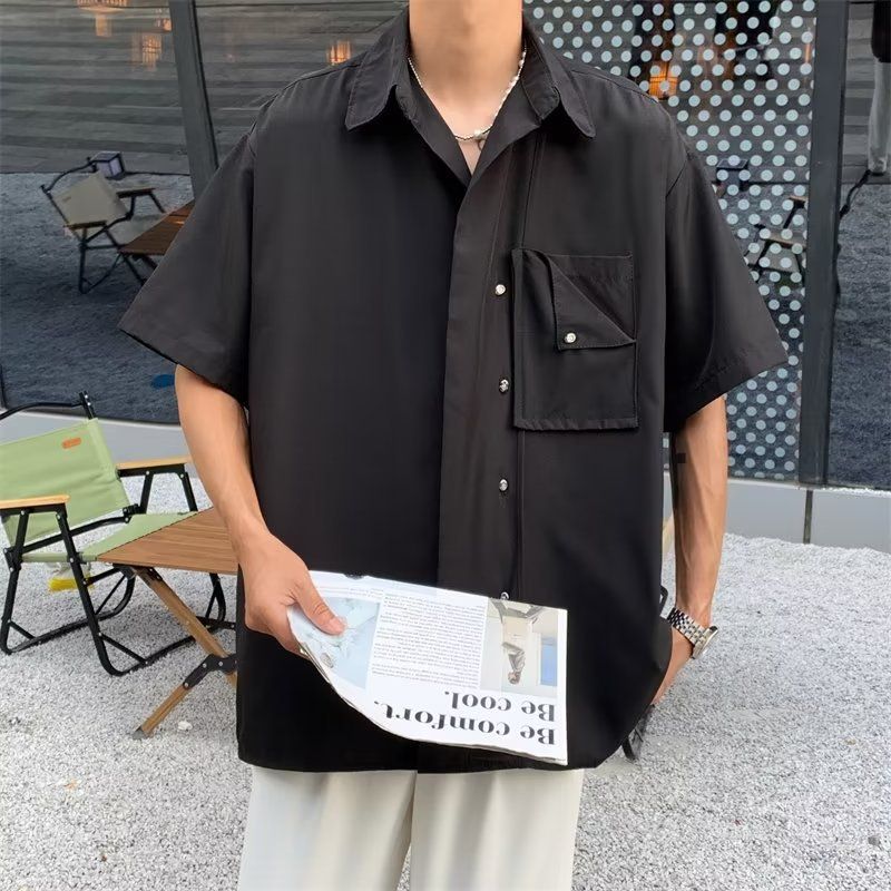 Camicia a maniche corte in seta ghiacciata, camicia estiva sottile da uomo, abbigliamento maschile britannico_voghion.com