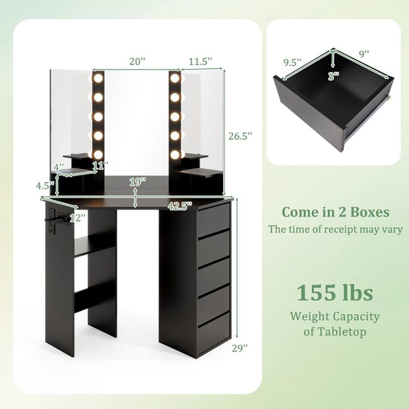 Corner Vanity Desk With 3-Color LED Lighted Mirror And Power Outlet_voghion.com