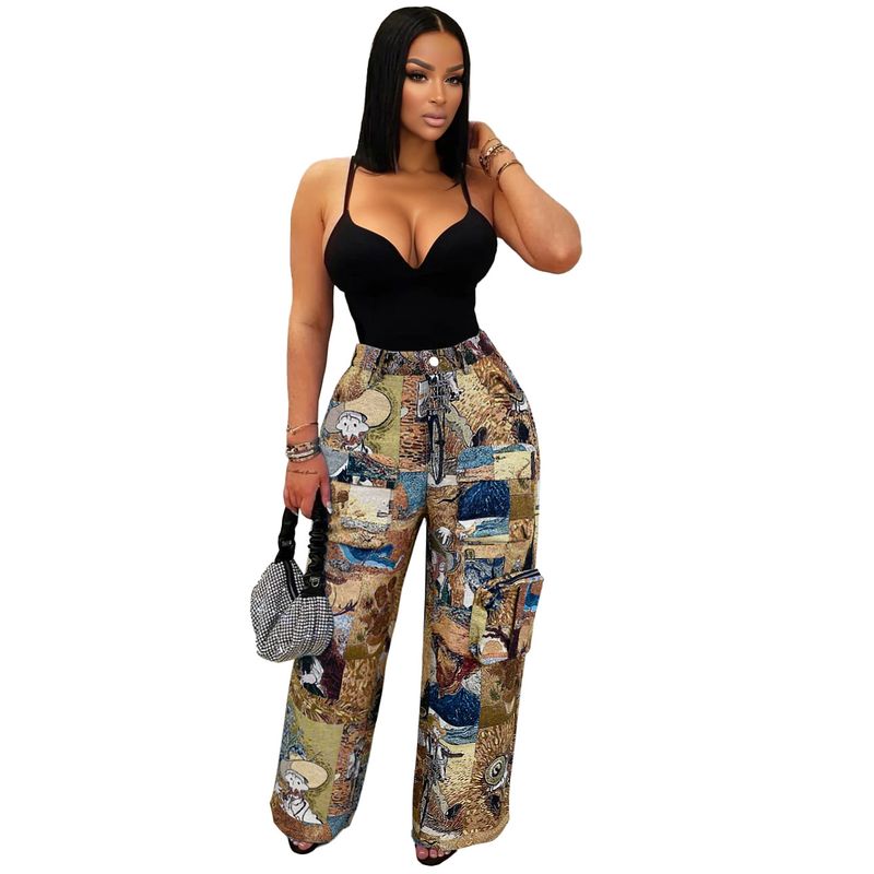 Women's Casual Cargo Pants With Jacquard Design, Multi-Pocket Retro Streetwear Trousers For Fashionable Outfits_voghion.com