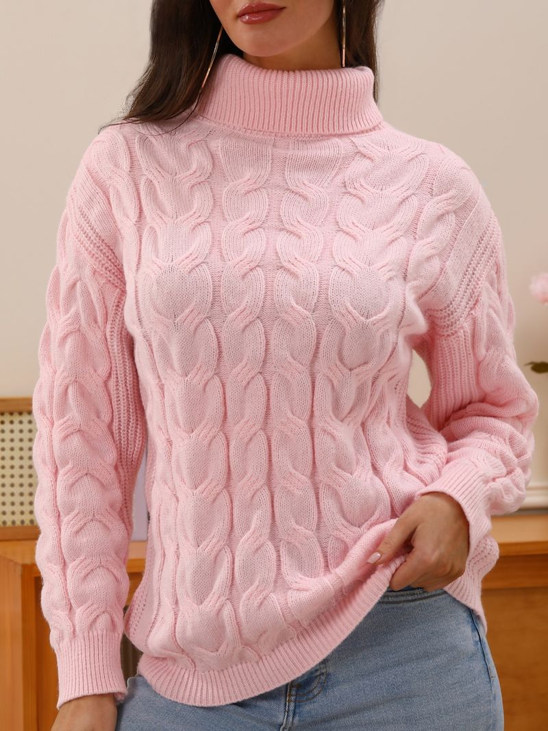 Damen-Zopfstrickpullover – Grobstrickpullover mit hohem Kragen in Altrosa (S/M/L/XL) | Wintermode-Oberteil aus Wollmischung_voghion.com