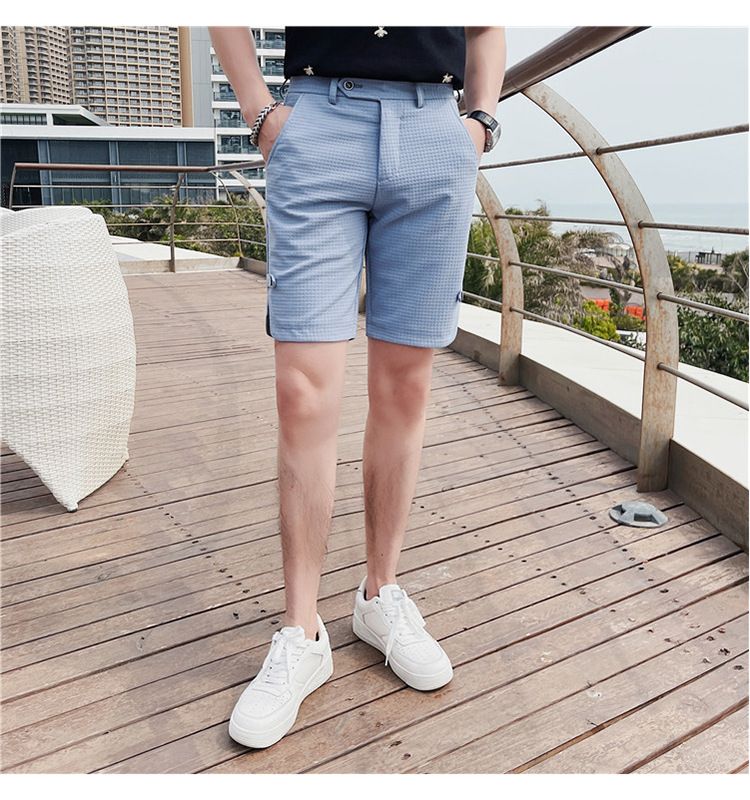 Summer new Internet celebrity trend waffle fabric casual shorts British temperament men's slim-fitting five-point pants_voghion.com