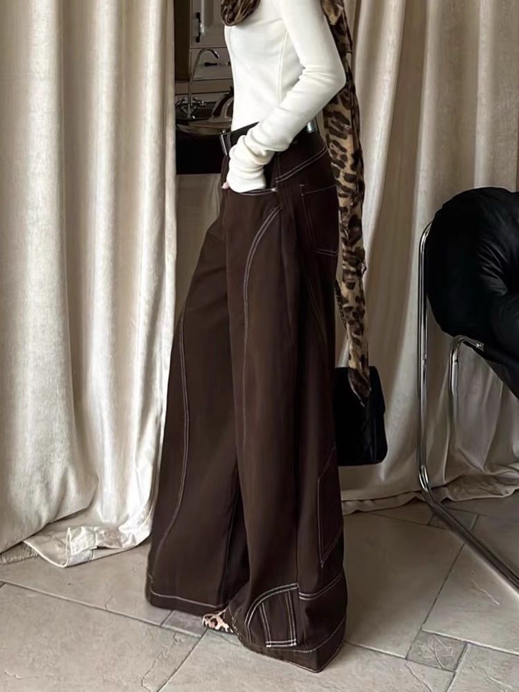 Retro Straight-Leg Jeans – High Waist Loose Fit Denim Pants (Vintage Brown Wash, Streetwear Staple, Non-Stretch Cotton Blend, Unisex Hip-Hop Style)_voghion.com