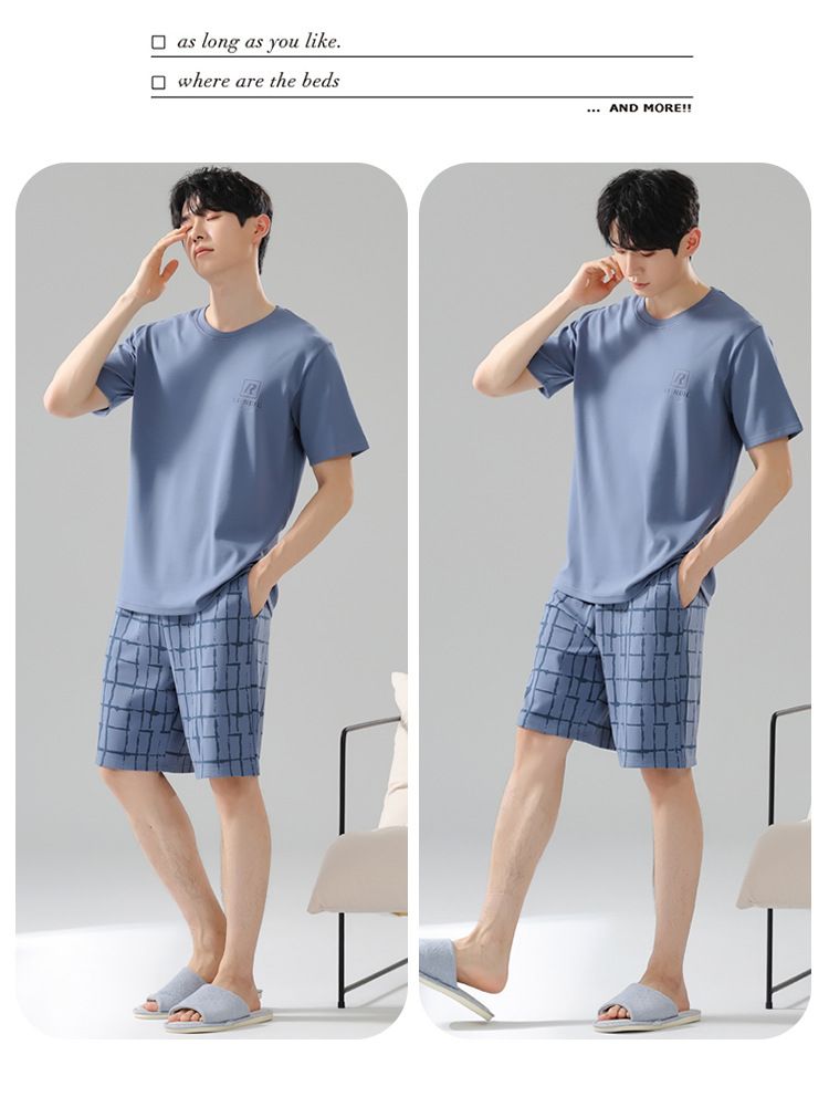 Sommerpyjama Herren Reine Baumwolle Dünn Schlichte Lässige Oberbekleidung Rundhals Pullover Kurzarm Shorts Baumwolle Heimkleidung Set_voghion.com