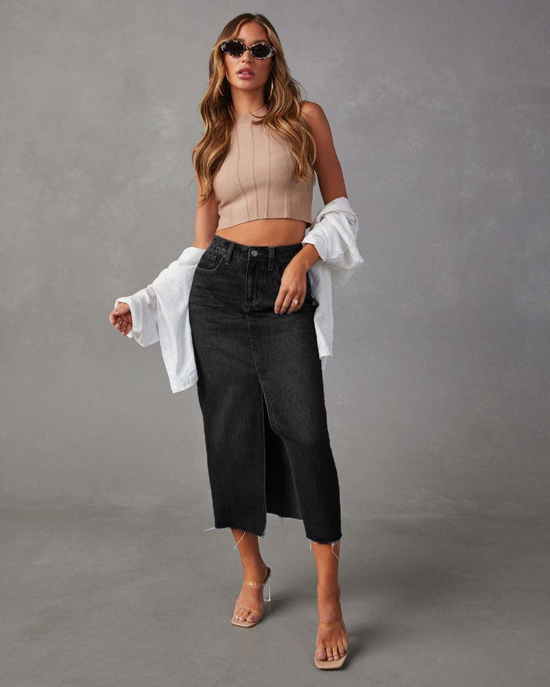 Fustă denim cu crăpături noi pentru femei, talie înaltă, spălată, linie A, fustă_voghion.com
