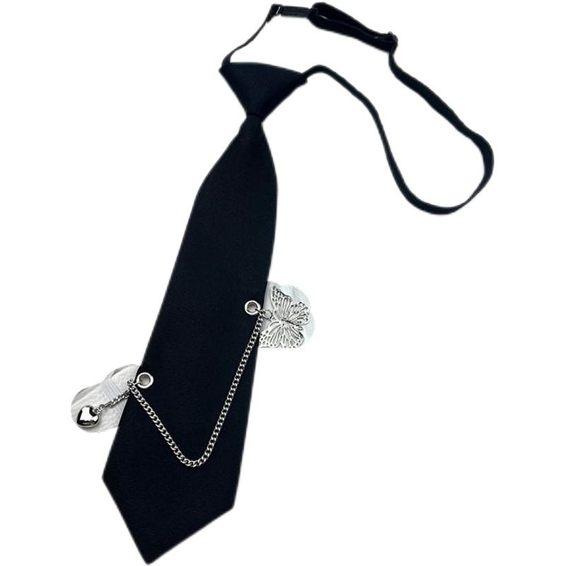 Cravatta a catena per donna JK nera, senza nodi, stile corto, accessorio per maglietta unisex, spilla a forma di cuore, farfalla_voghion.com