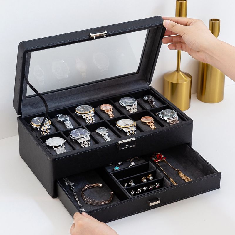 Black Green New Lychee Pattern High End Watch Box 3 Bit 6 Bit 12 Bit Double Layer Watch Jewelry Storage Box_voghion.com