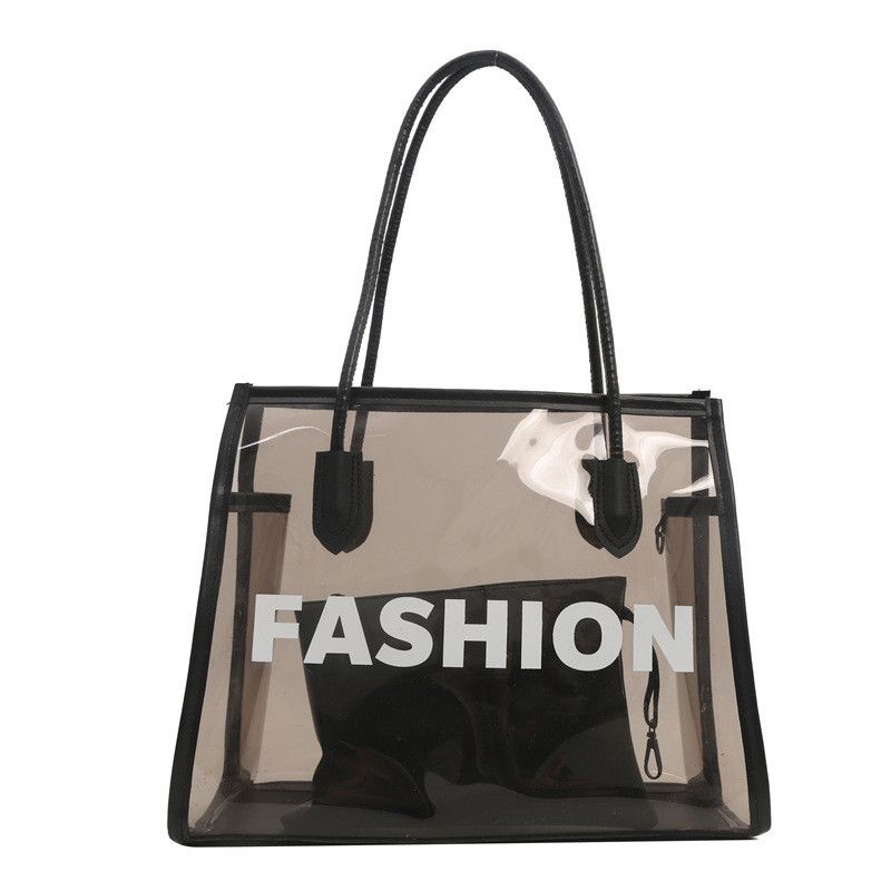Borsa da spiaggia impermeabile in gelatina trasparente con stampa di lettere personalizzate, borsa a secchiello di grande capacità per le donne_voghion.com
