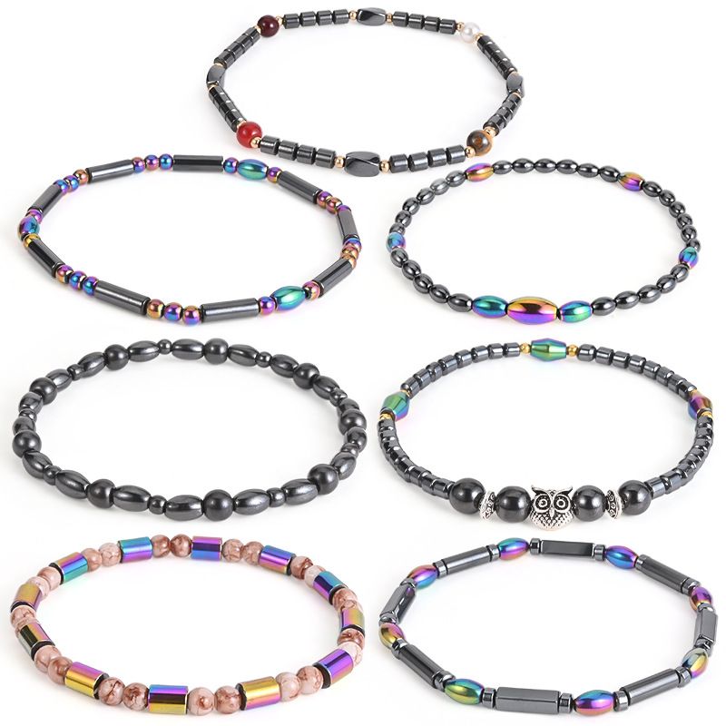 Cavigliera intrecciata con perle rotonde in acrilico di colore AB, con perle magnetiche nere e pietre biliari naturali a forma di stella_voghion.com