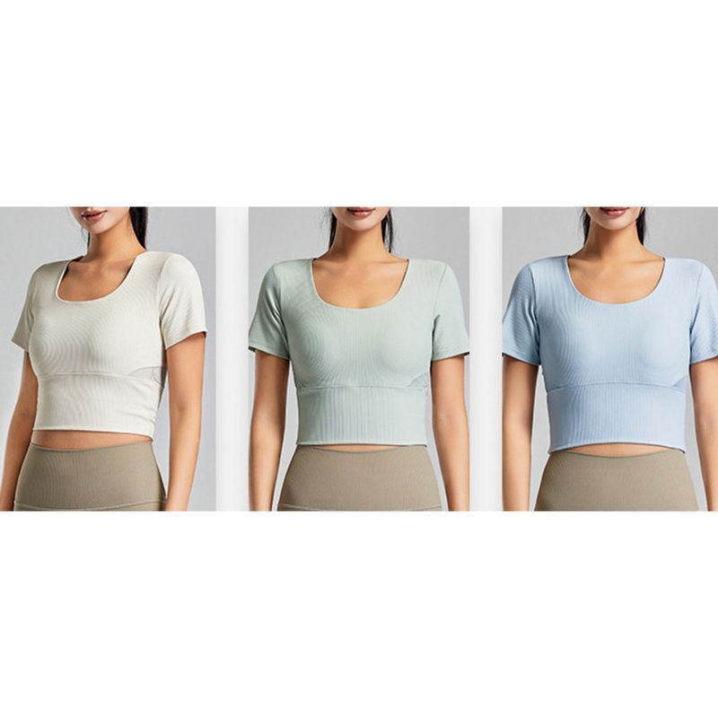Haut de yoga avec coussinets de poitrine pour femme, ensemble de t-shirts de fitness pour l'été, Pilates, sport haut de gamme, manches courtes_voghion.com