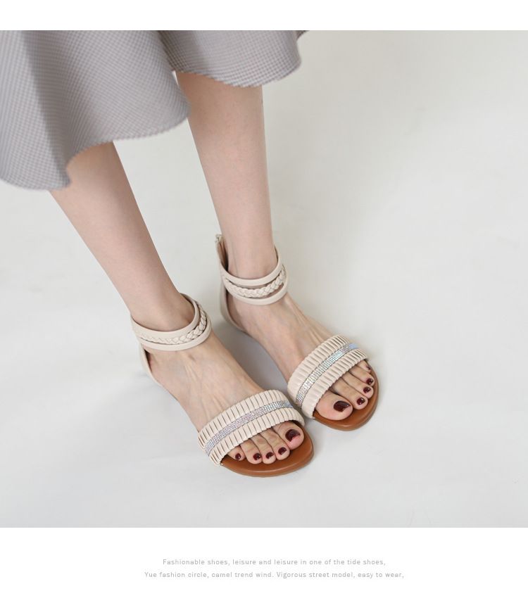 wedge sandals for women round head rhinestone fairy style one-word Roman sandals for women_voghion.com