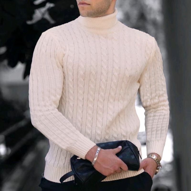 Maglione invernale da uomo con collo alto, maglione invernale da uomo, maglione a collo alto spesso, maglione a righe tinta unita, maglione casual caldo a collo alto_voghion.com