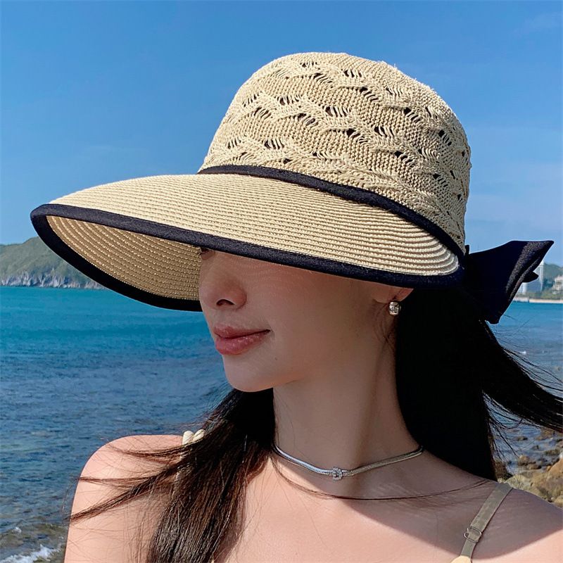 Nuovi arrivi Cappello di paglia con coda di cavallo da donna, visiera a tesa larga, estivo, regolabile, cappelli pieghevoli da spiaggia_voghion.com