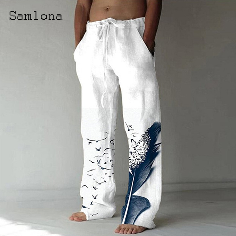 Samlona 2022 männer Taschen Design Leinen Hosen Kordelzug Lose Hosen Plus Größe 3xl Mens Fashion Vögel Feder Drucken_voghion.com
