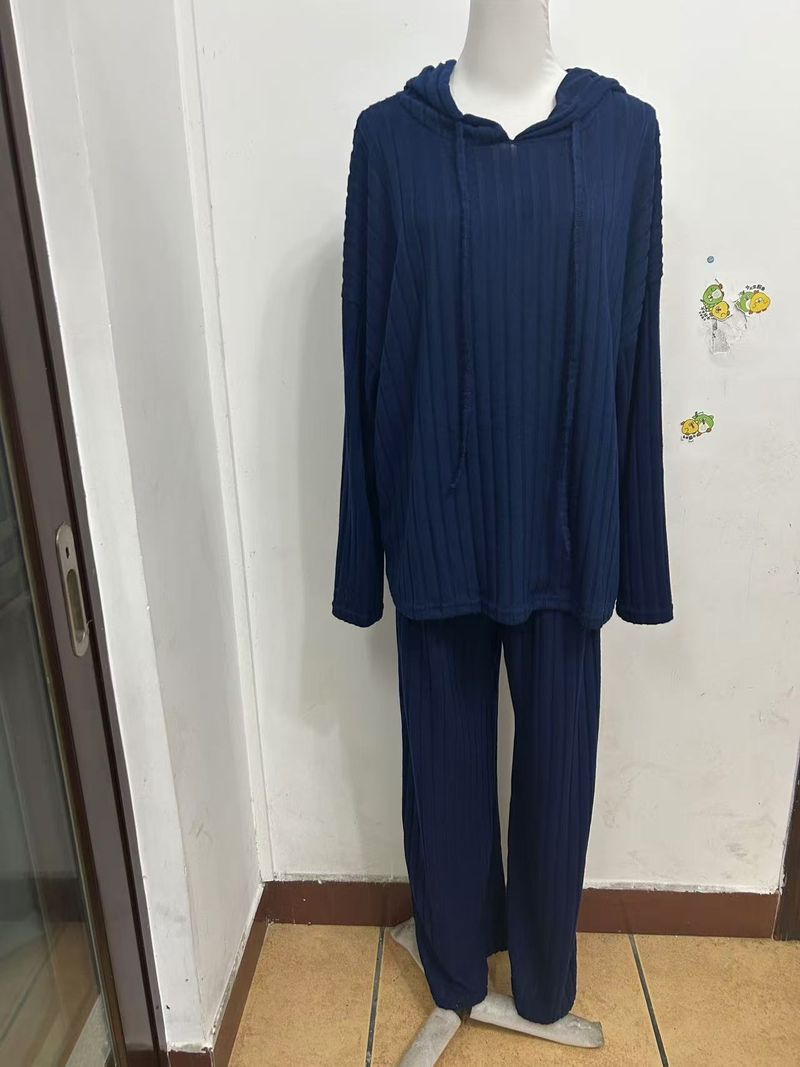 Set di felpa con cappuccio in morbida maglia e pantaloni da salotto da donna - Completo due pezzi a righe in tinta unita per donna, comodo abbigliamento casual_voghion.com