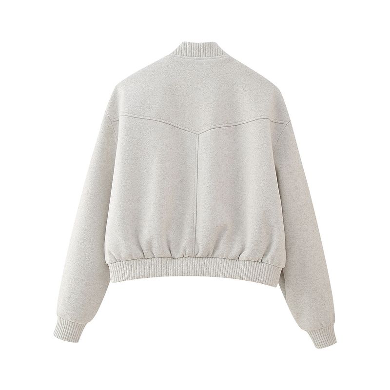 Soft & Stylish Oversized Bomber Jacket For Women - Lightweight Fall/Winter Coat With Stand Collar, Button Detail (Grey, Beige, Black)_voghion.com