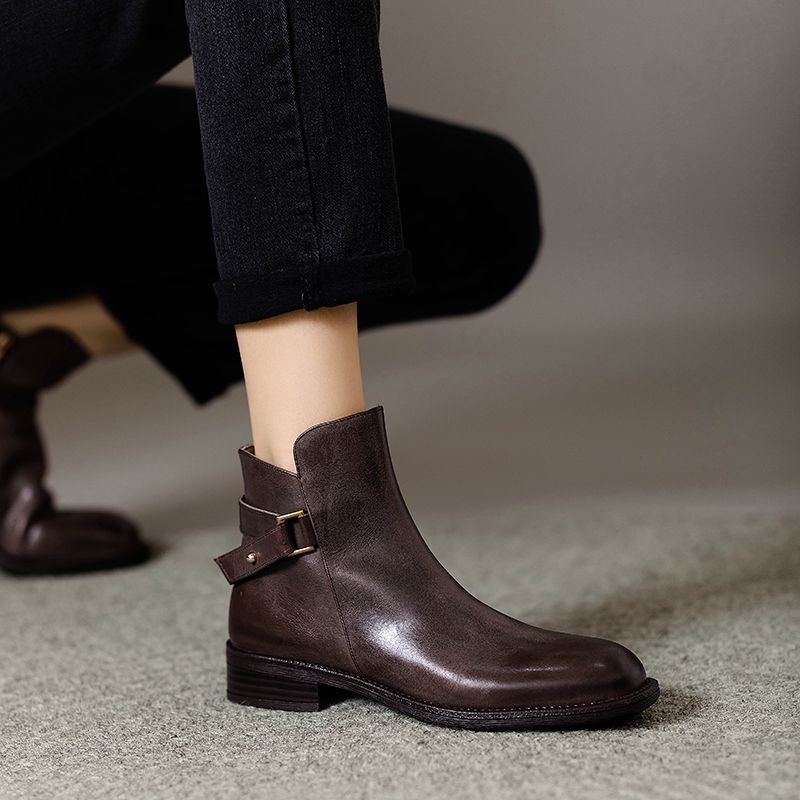 Retro Runde Zehe Echte Gürtelschnalle Herbst Und Winter Neue Ankunft Seitlicher Reißverschluss Dicker Niedriger Absatz Stiefeletten Damen_voghion.com