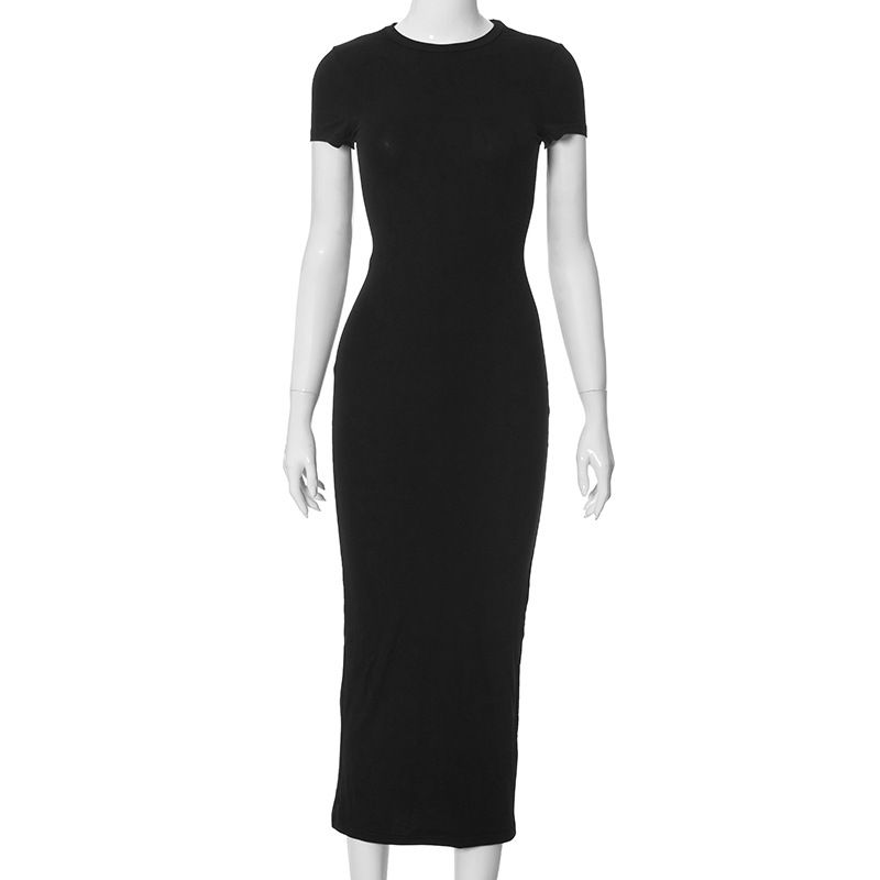 Abito da donna alla moda, a maniche corte, aderente, con scollo rotondo, tinta unita_voghion.com