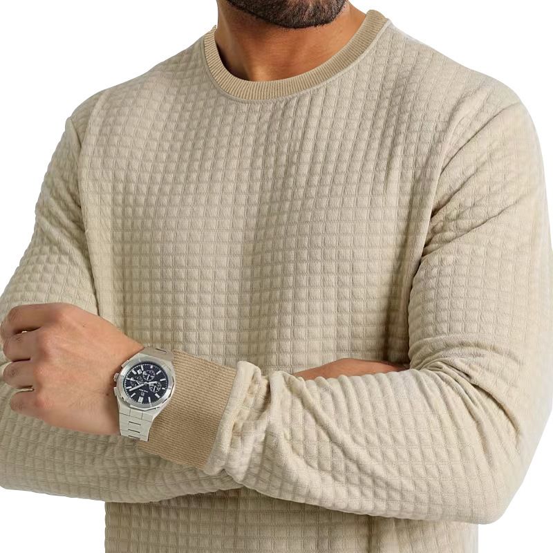 Men's Spring And Autumn Winter Waffle Round Neck Long Sleeved T Shirt Men's Small Square Casual Bottom_voghion.com