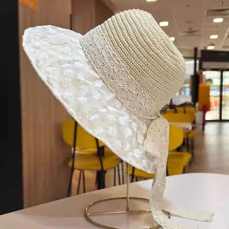 Straw Hat Summer New Hat Sunscreen Bucket Hat Seaside Lace Vacation Bow Beach Visor Sun Hat_voghion.com