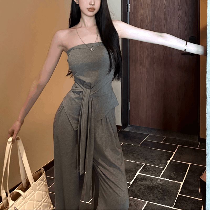 Pure Desire Two-Piece With Irregular Design, Tie-Up Tube Top Vest, High-Waisted Draped Casual Pants, Long Pants Set For_voghion.com