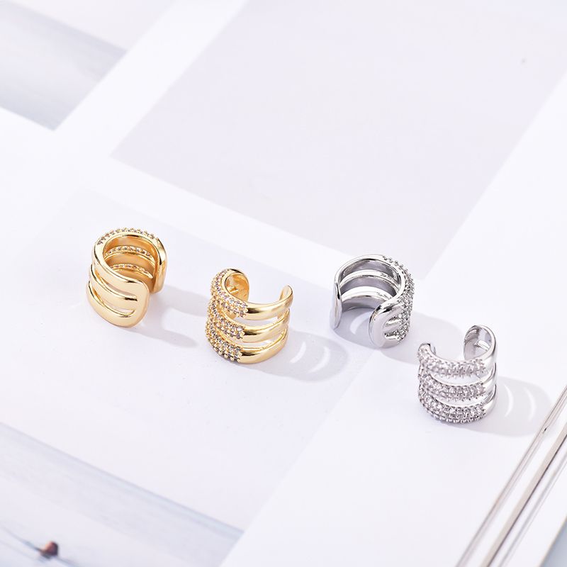 Aurora Atelier Dreilagige C-förmige Clip-Ohrringe für Damen, Ohrklemmen ohne Piercing, künstliche Knorpelohrringe, AAAA Zirkonia, geometrischer Schmuck_voghion.com