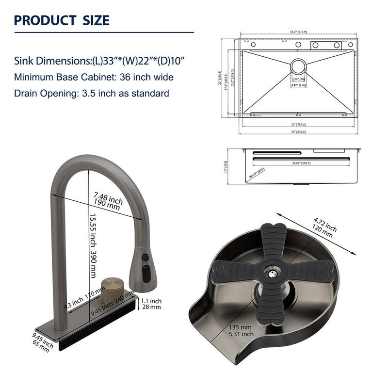 33in. *22in.*10in. Drop In 304 Stainless Steel Workstation Kitchen Sink With Dual Built-in Ledge, Top Mount Single Bowl Workstation Sink With Pull-Out Spray Head Faucet And Rainfall Faucet ,Cup Washer_voghion.com