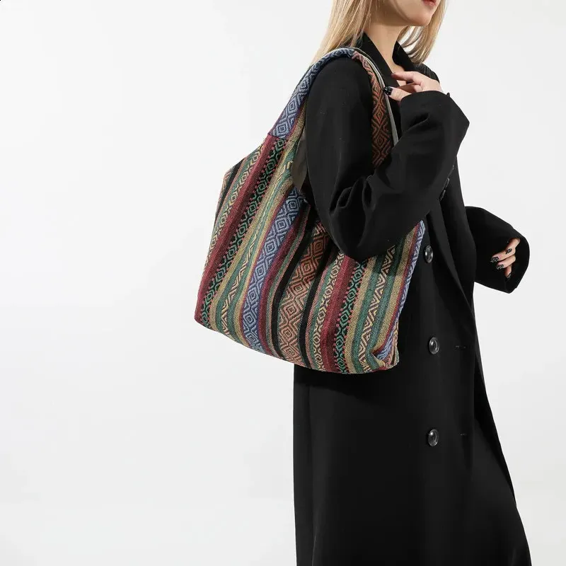 Casual Canvas Striped Printed Cross Shaped Bag Large Capacity Shopping Bohemian Ten Font Wallet Womens Handbag 240829_voghion.com