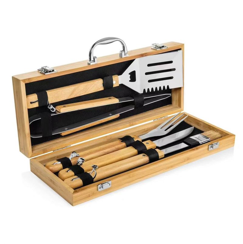 ✅Stainless Steel Tool Outdoor Wooden Handle Fork Spatula Tongs Combination BBQ Utensils Full Set_voghion.com