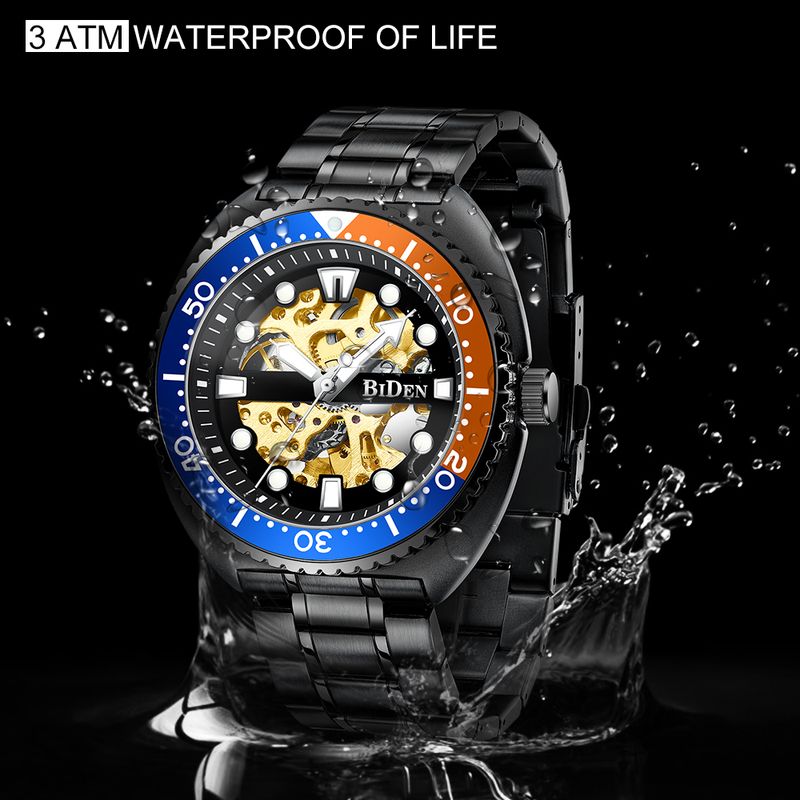 Montre mécanique classique BIDEN pour homme, marque de luxe, automatique, lunette rotative, cadran lumineux, livrée avec un écrin_voghion.com