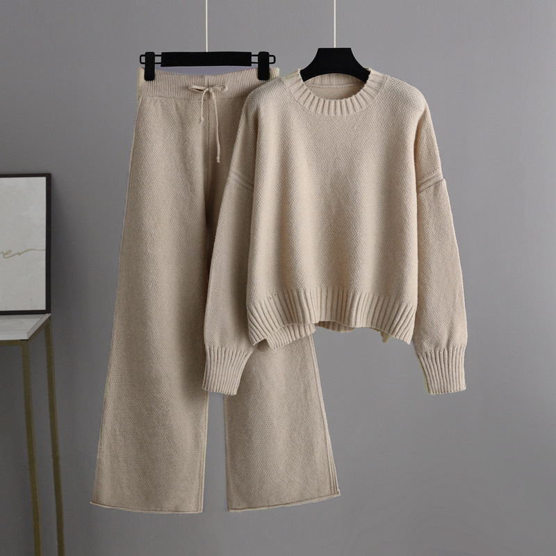 Dammekleeder Hierscht a Wanter nei Moud Casual Strickkostüm Hosen Dammenversioun locker Pullover Breetbeen Hosen Hosen Zwee-Stéck Set_voghion.com