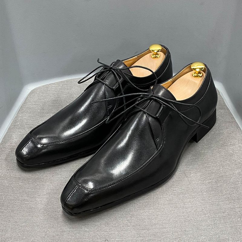 Leder Business Casual Herren Derby Color Block Low-Top Schnürschuhe_voghion.com
