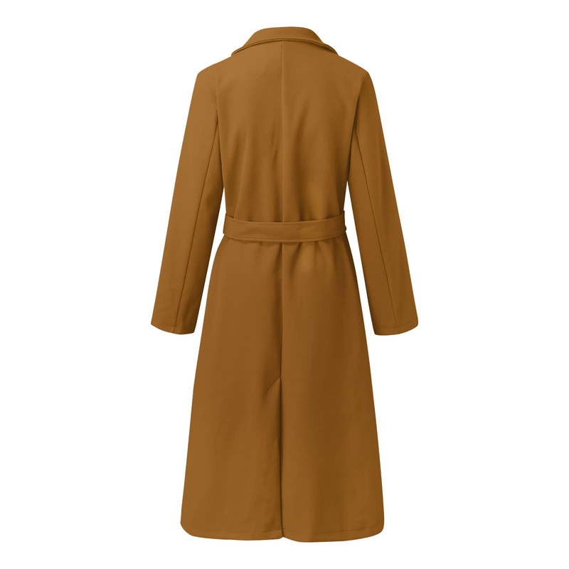 Autumn and winter women's solid color lapel long-sleeved woolen jacket simple strappy windbreaker_voghion.com