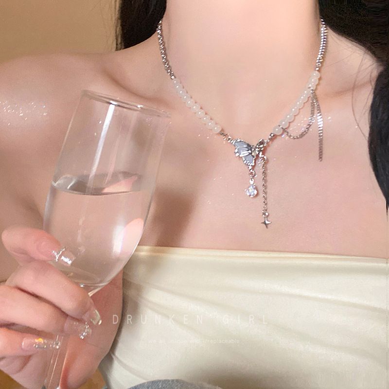 Cool butterfly tassel pearl necklace for women summer new clavicle chain sweet and cool versatile temperament girlfriend accessories_voghion.com