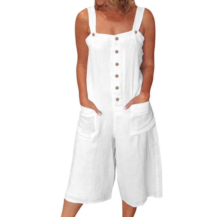 New Women's Cotton And Linen Solid Color Shoulder Straps, Cropped Pockets, Button Up Casual Jumpsuit_voghion.com