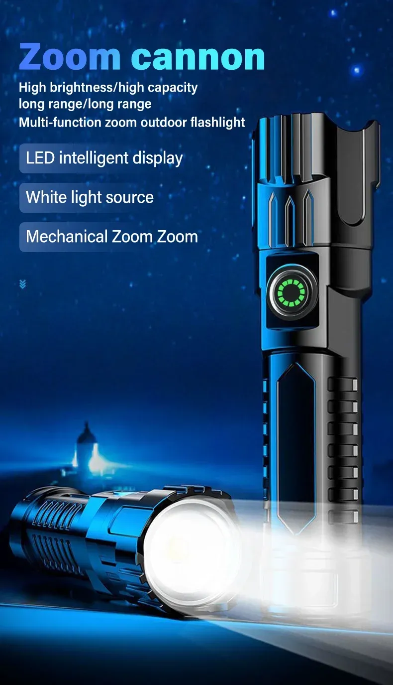 High Strong Power Led Flashlights 2000LM Tactical Torch With Display Light USB Charging Camping Fishing Emergency Zoom Lantern_voghion.com
