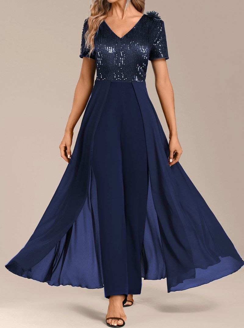 Tuta da donna in chiffon con paillettes e cuciture, colore puro e temperamento_voghion.com