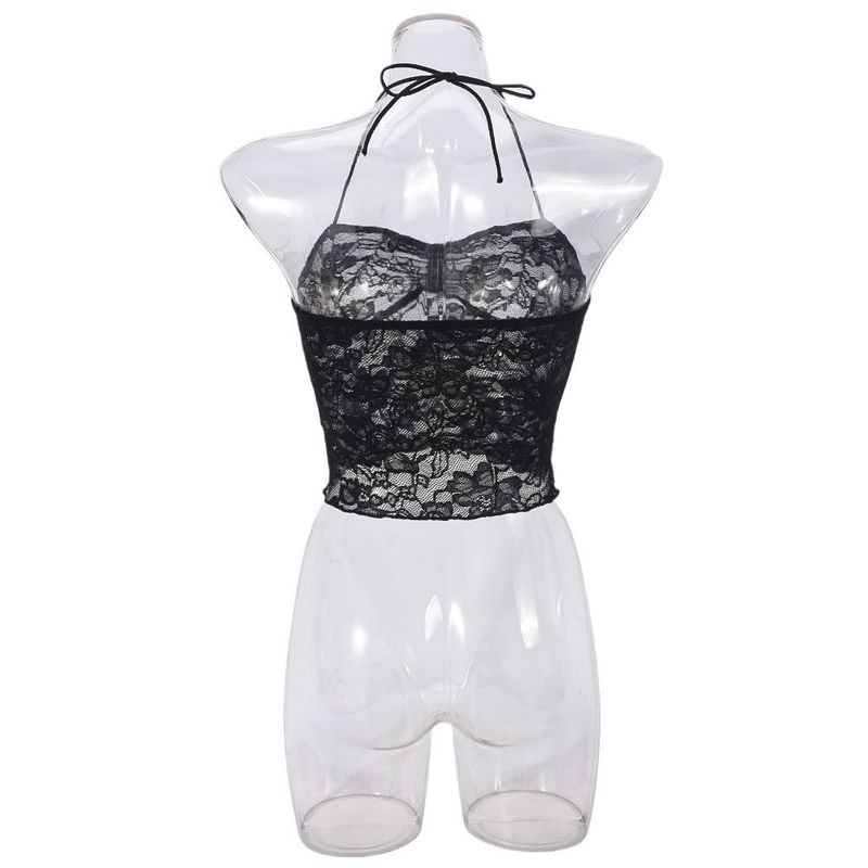 Sexy Spitzen-Bralette-Top – Rückenfreies Camisole aus transparentem Netzstoff mit Bindedetail | Blumenmuster, dehnbar und atmungsaktiv | Clubwear (Schwarz, S/M/L)_voghion.com