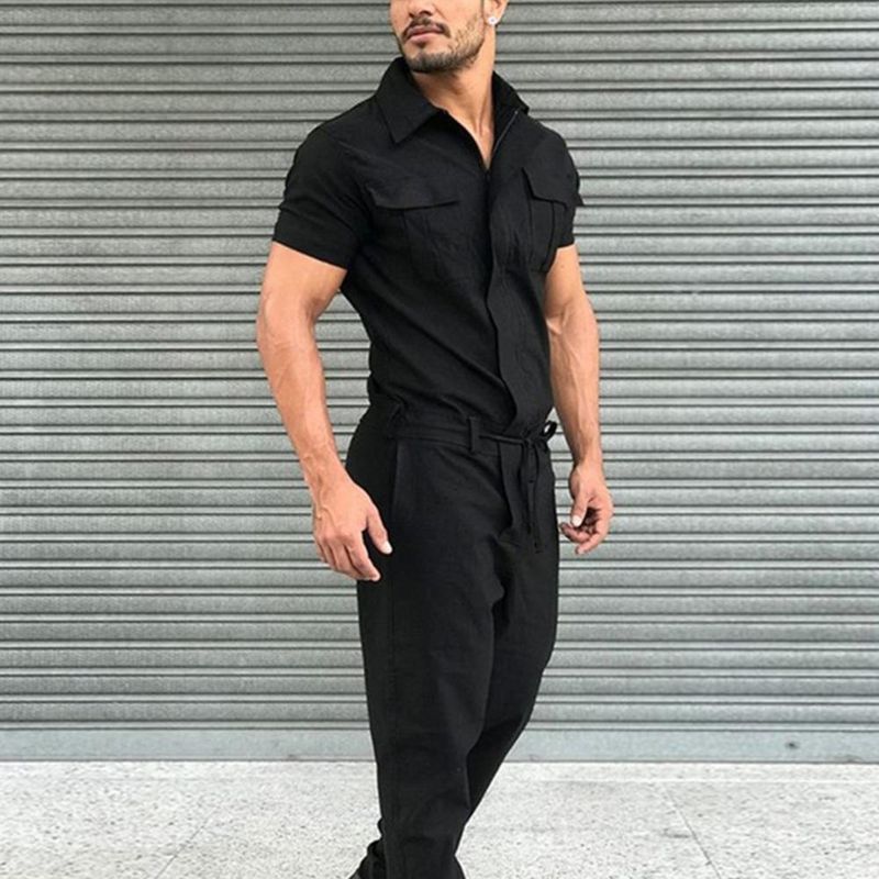 Yumuşak Nefes Alabilir İş Tulumu Kısa Kollu Yaz Erkek Sokak Giyim Tulum Çalışma_voghion.com
