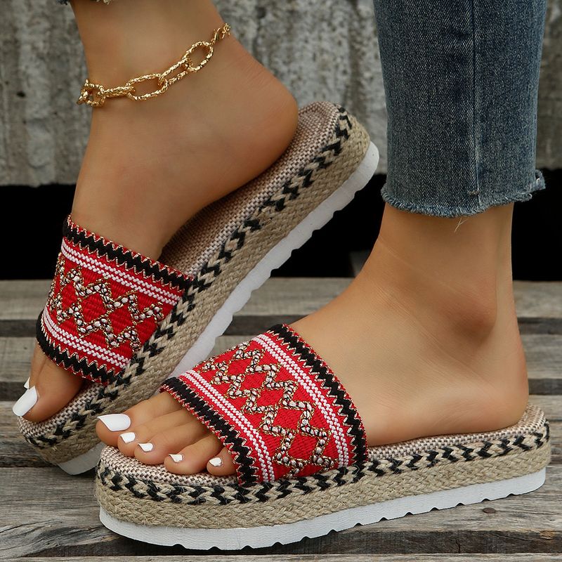 New Wide Width Women's Platform Peep-Toe Sandals - Boho Ethnic Jute Rope Candy Color Flip Flops (Comfortable Thick Sole Summer Beach Slippers)_voghion.com