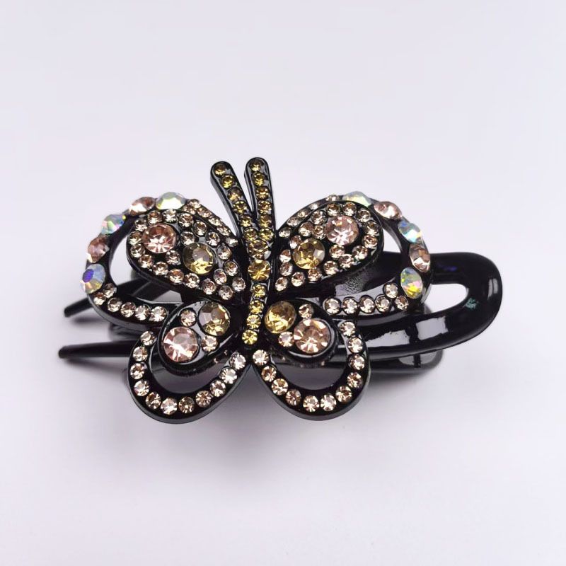 Fermaglio a becco d'anatra con strass per acconciatura raccolta, elegante fermaglio per capelli in stile coreano con design a farfalla con strass, fermaglio a tre denti, forcina per capelli._voghion.com