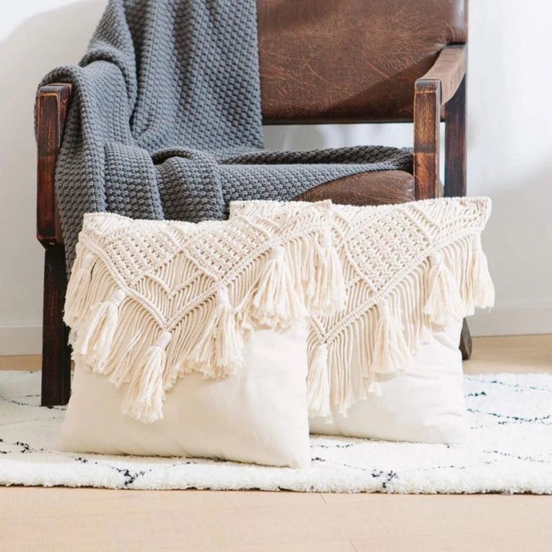 Funda de cojín de macramé tejida a mano con borlas, estilo bohemio, de cuerda de algodón, para sofá de salón, decoración estilo INS_voghion.com