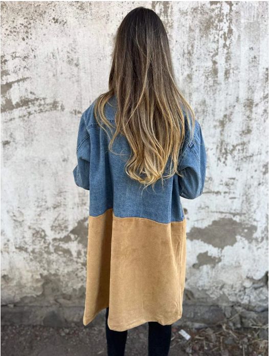 Damenbekleidung Anzugkragen Denim Splicing Mittellanger Mantel für Damen_voghion.com