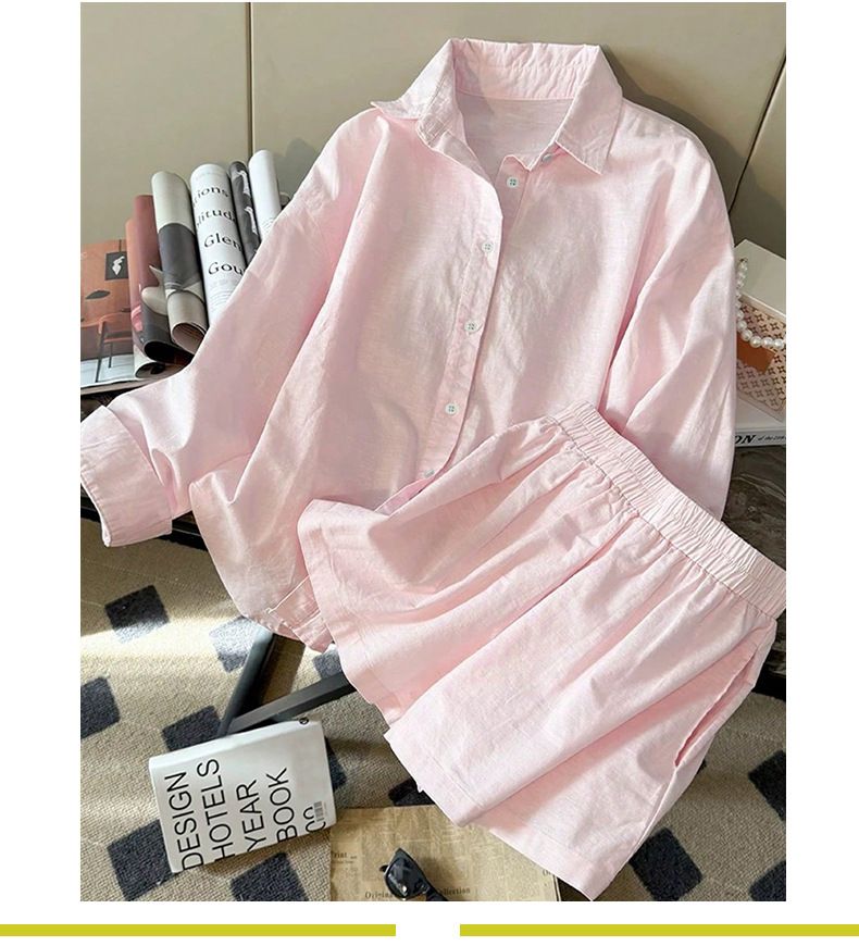 Completo da donna con camicia a maniche lunghe e pantaloncini - Completo minimalista in due pezzi in poliestere per abbigliamento casual e da ufficio (S-XL)_voghion.com