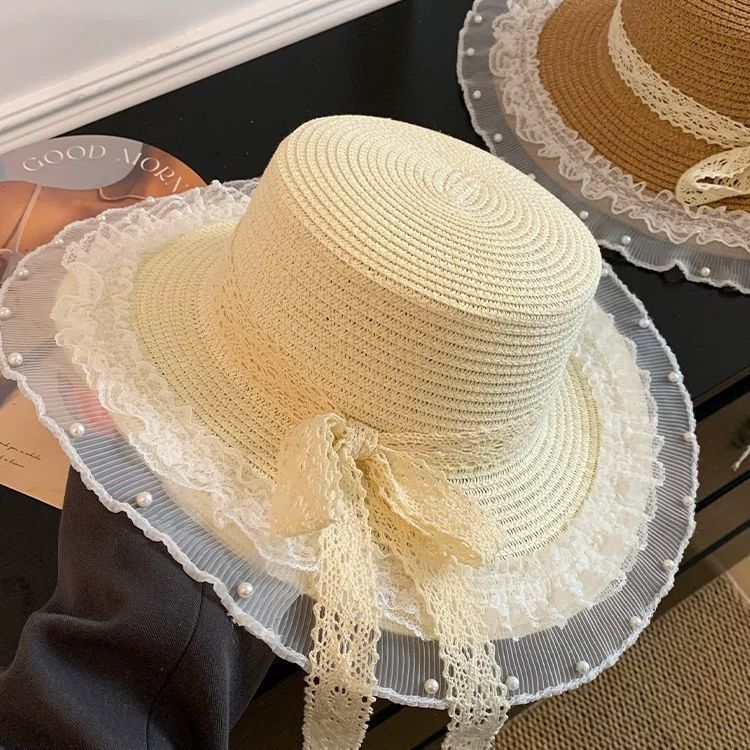 Beach Sun Hat Summer Hat Lace Straw Hat Seaside Shade French Sunscreen Straw Sun Hat Brim_voghion.com