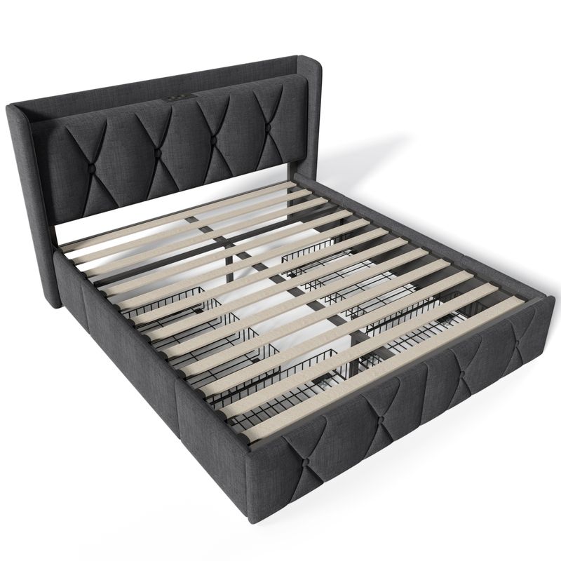 Cadre de lit double avec rangement 140 x 200 cm, avec port USB, tête de lit capitonnée et 4 tiroirs, sommier à lattes en bois gris (avec matelas)_voghion.com